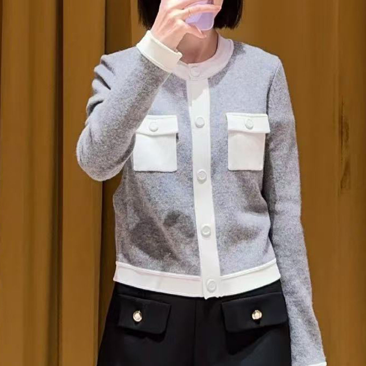 S家法式小众女装 2025早春撞色圆领长袖上衣针织开衫灰色短款