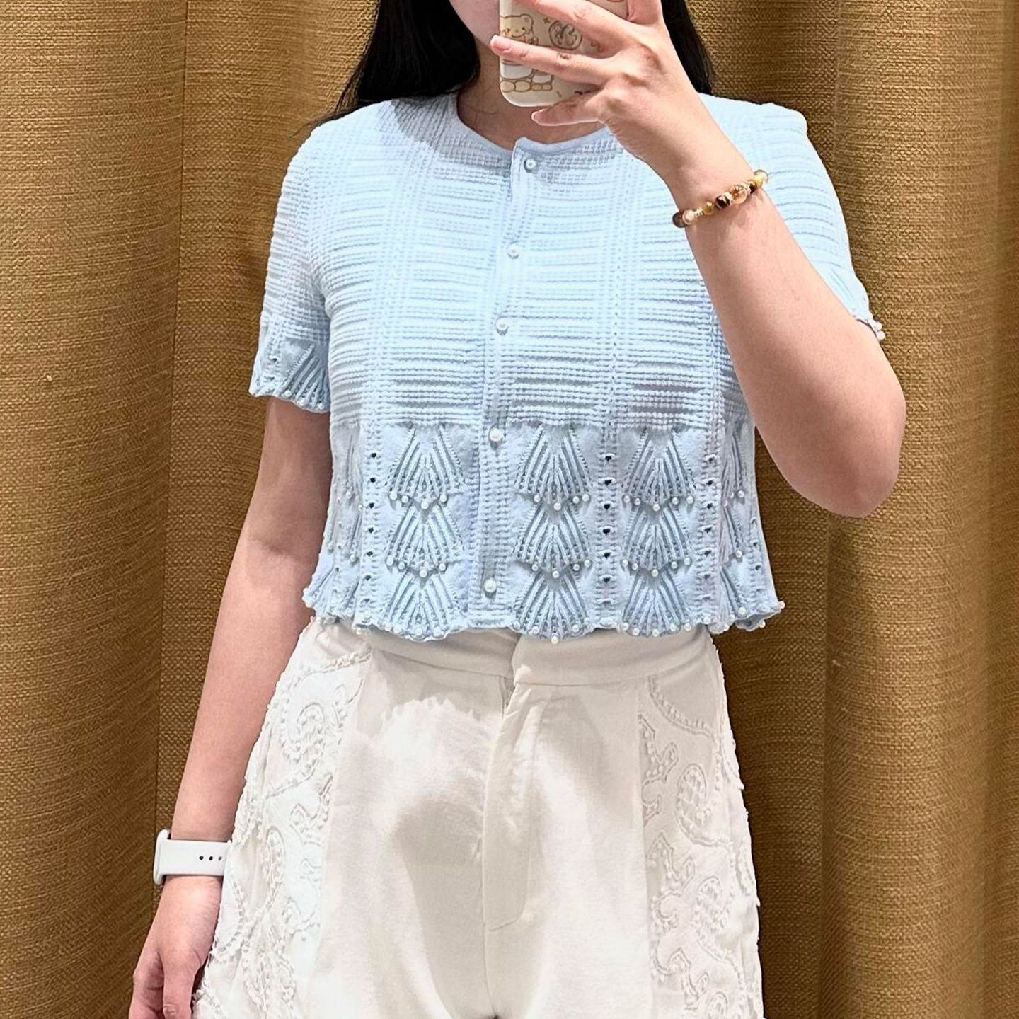 M家 2025早春新款女装圆领短袖花边饰百搭优雅短款针织衫上衣