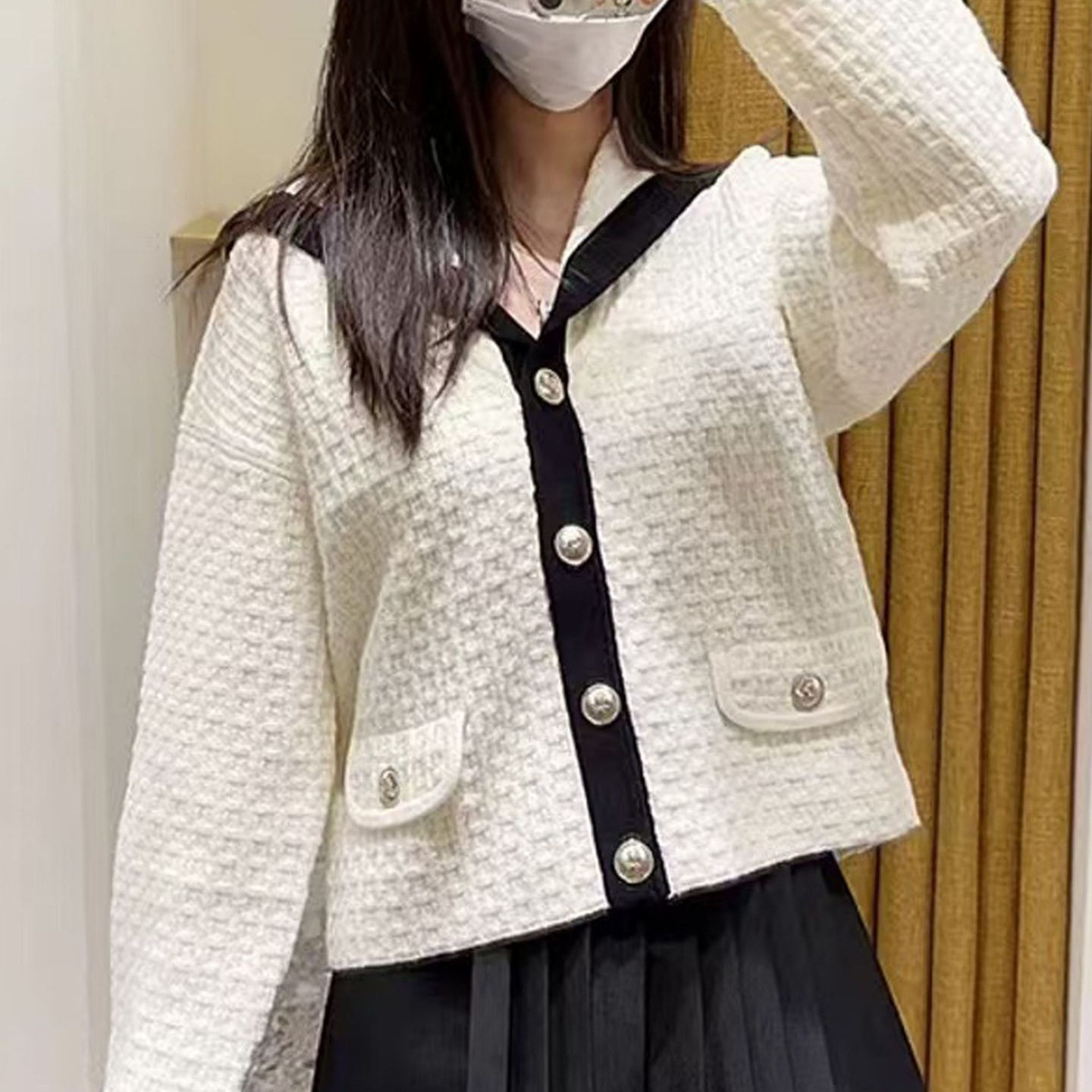 M家 24秋时尚新款设计感海军领学院风黑白撞色针织开衫毛衣外套