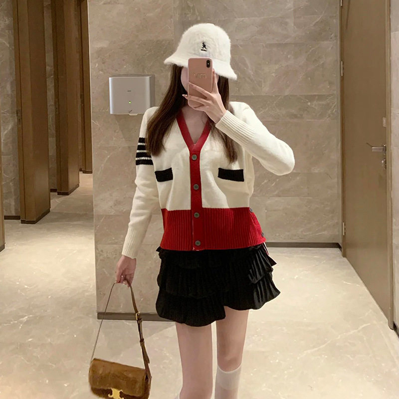 tb四条杠彩点拼色针织开衫女宽松V领条纹撞色长袖百搭上衣外套潮