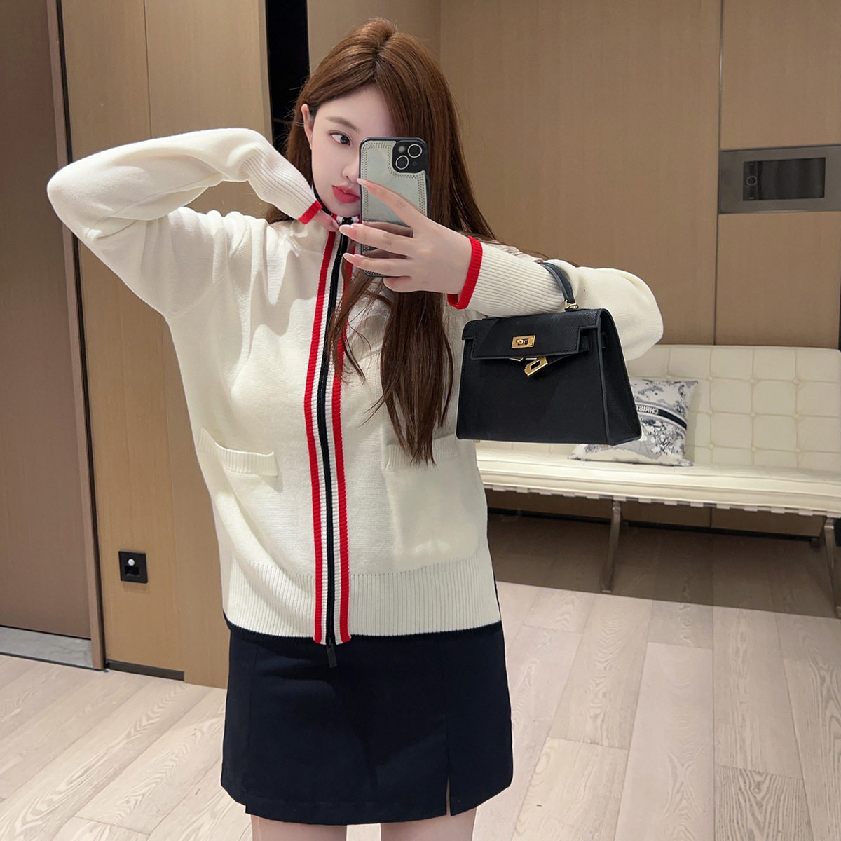 小众设计感双拉链外套女2024秋季新款TB学院风针织开衫上衣