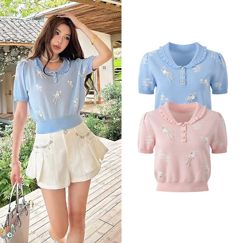 maSande2026夏季新款甜美减龄蝴蝶结刺绣印花修身显瘦短款针织短