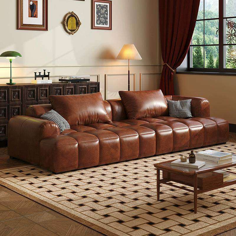 法式复古风油蜡皮泡芙沙发客厅小户型家用公寓直排棕色2025新款