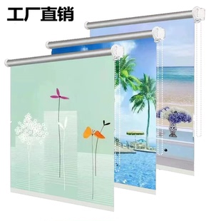 加厚简易遮光窗帘免打孔卫生间防水遮挡帘儿童房升降厨房卷帘图案
