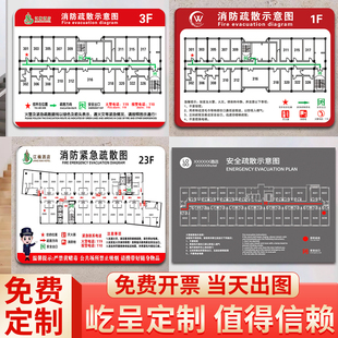 消防疏散示意图指示牌指示标志消防安全疏散指示牌应急逃生路线指示牌平面图酒店安全通道消防平面疏散图定制