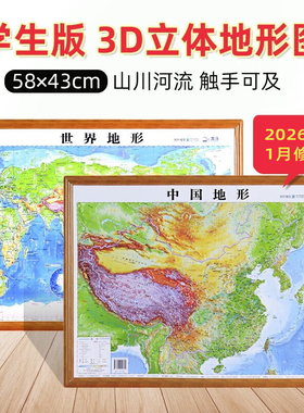 【2026新版】世界地图和中国地图3d凹凸立体地形地图 58x43cm 高清精雕版 三维地貌地理知识学生学习教师家庭通用