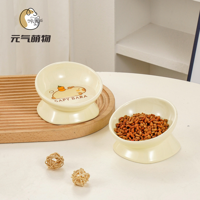 卡皮巴拉猫碗陶瓷高脚斜口幼猫猫食盆护颈猫粮碗喝水碗宠物碗狗碗