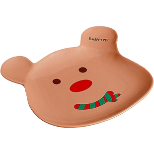 陶瓷浅口猫碗罐头碗圣诞卡通小熊猫粮碗零食碗防黑下巴幼猫碗狗碗