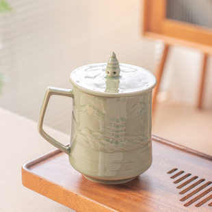 青瓷西湖办公杯陶瓷茶杯带盖过滤泡茶杯家用高档个人专用喝水杯子
