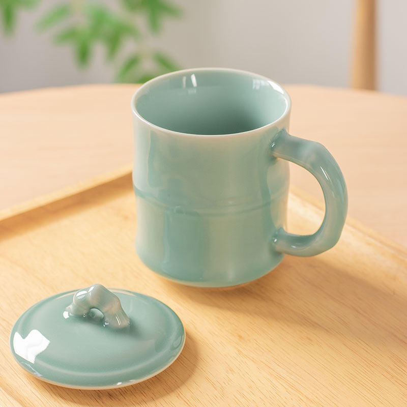 青瓷竹叶杯带盖泡茶杯陶瓷办公室水杯家用个人杯马克杯会议杯定制