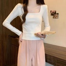 纯棉长袖t恤女2025春秋新款修身显瘦高腰百搭白色方领短款上衣ins