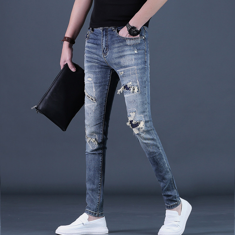 2026春夏破洞牛仔裤修身百搭长裤子薄款休闲男生时尚小脚裤子高弹