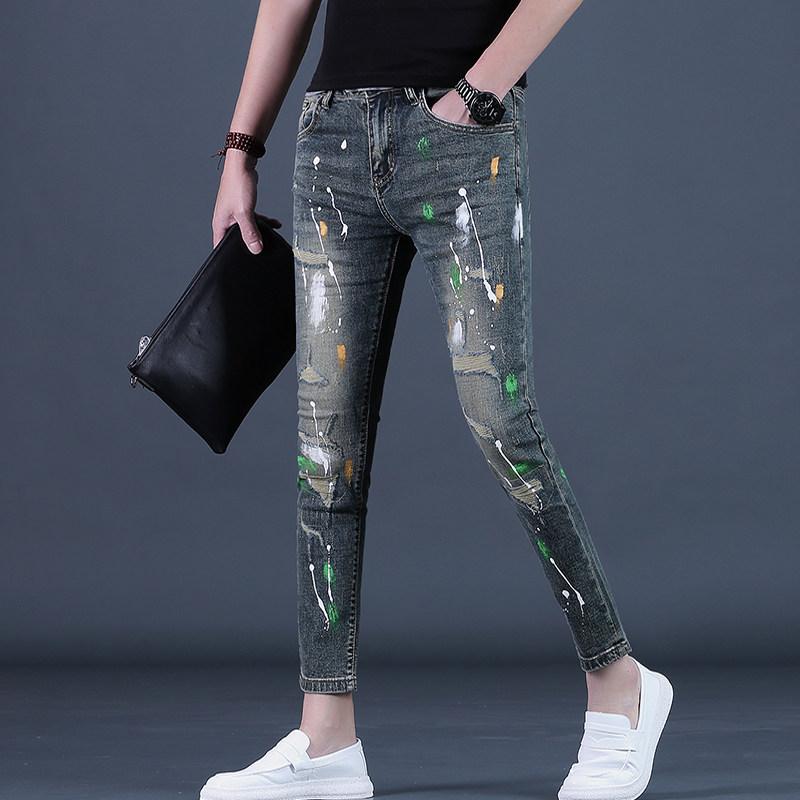 男士九分牛仔裤修身小脚破洞休闲裤子泼墨百搭韩版弹力男裤子薄款