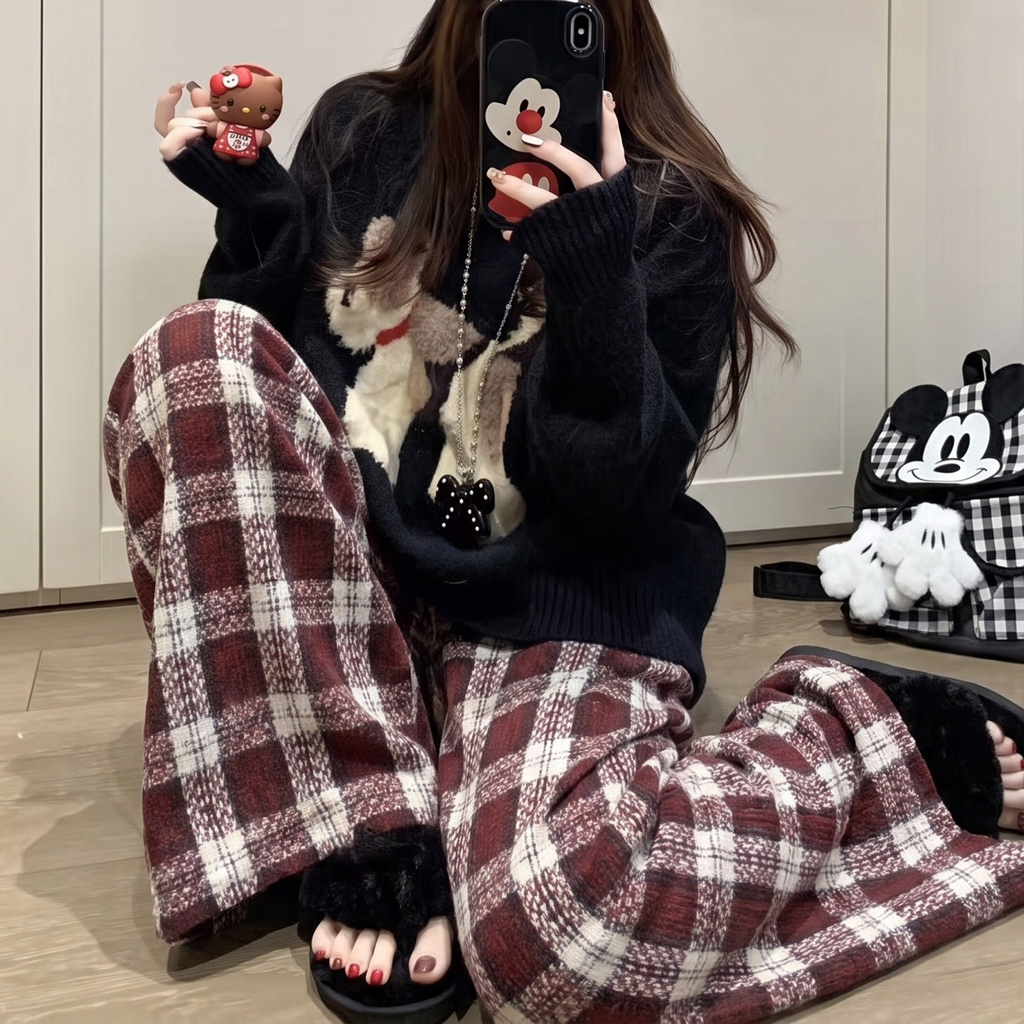 红色大格子裤子女女秋季新款胖mm大码显瘦宽松慵懒垂感直筒阔腿裤
