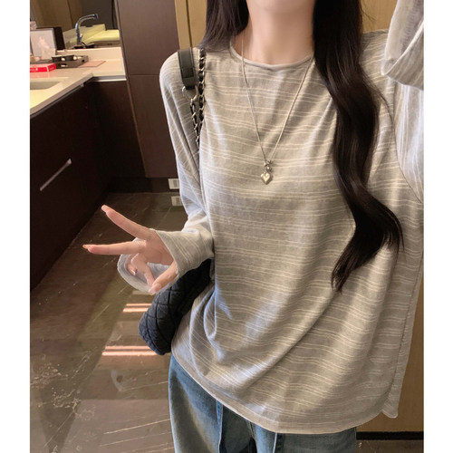 撞色圆领复古条纹衫长袖t恤女秋