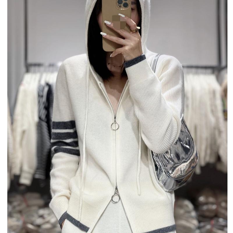 欧货连帽羊绒开衫女拉链宽松厚长袖短款时尚针织卫衣拼色毛衣外套