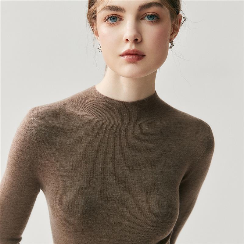 库静扬子纱可机洗精纺100%羊毛衫女半高领紧身毛衣无缝修身针织打