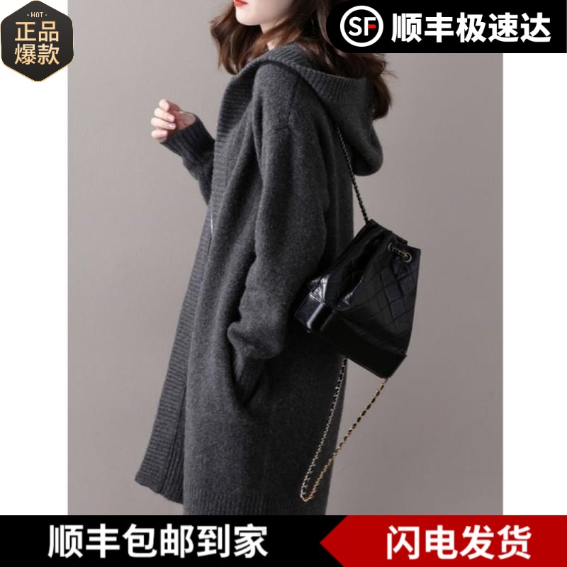 库静灰色连帽中长款开衫女100纯