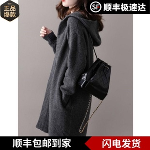 库静灰色连帽中长款开衫女100纯山羊绒毛衣秋季新款上衣加厚针织
