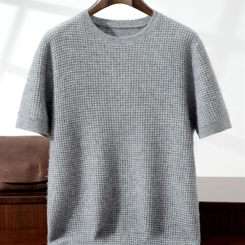 库静秋冬新款纯山羊绒衫男士圆领短袖华夫格针织打底T恤毛衣薄款