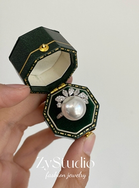 人造澳白珍珠戒指女开口可调节小众设计感高级S925银锆钻时尚指环
