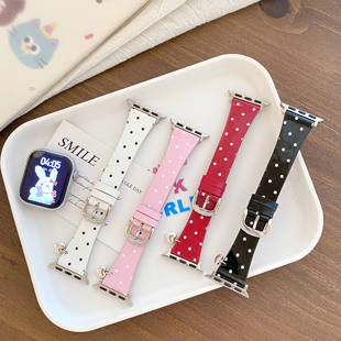 适用applewatchs11韩系波点漆皮表带iwatchs9 s6可爱皮质s10 41mm小香风少女ins风华强北ultra腕带
