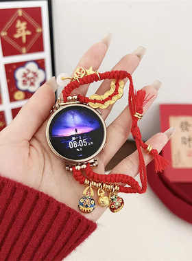 适用佳明Forerunner245/m265/255编织新年红色财神爷965/955/vivoact五帝钱女表带VENU2plus/18mm纳福绳腕带