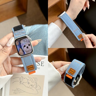 适用applewatch9表带苹果手表s10iwatchs8/7/6/5/se/4/3复古牛仔回环魔术贴se2华强北ultra时尚s10男女款腕带
