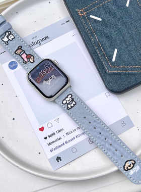 适用applewatch9苹果手表iwatch8表带10代腊肠狗牛仔刺绣款s9新款765代SE休闲男女同款百搭秋冬季华强北Ultra