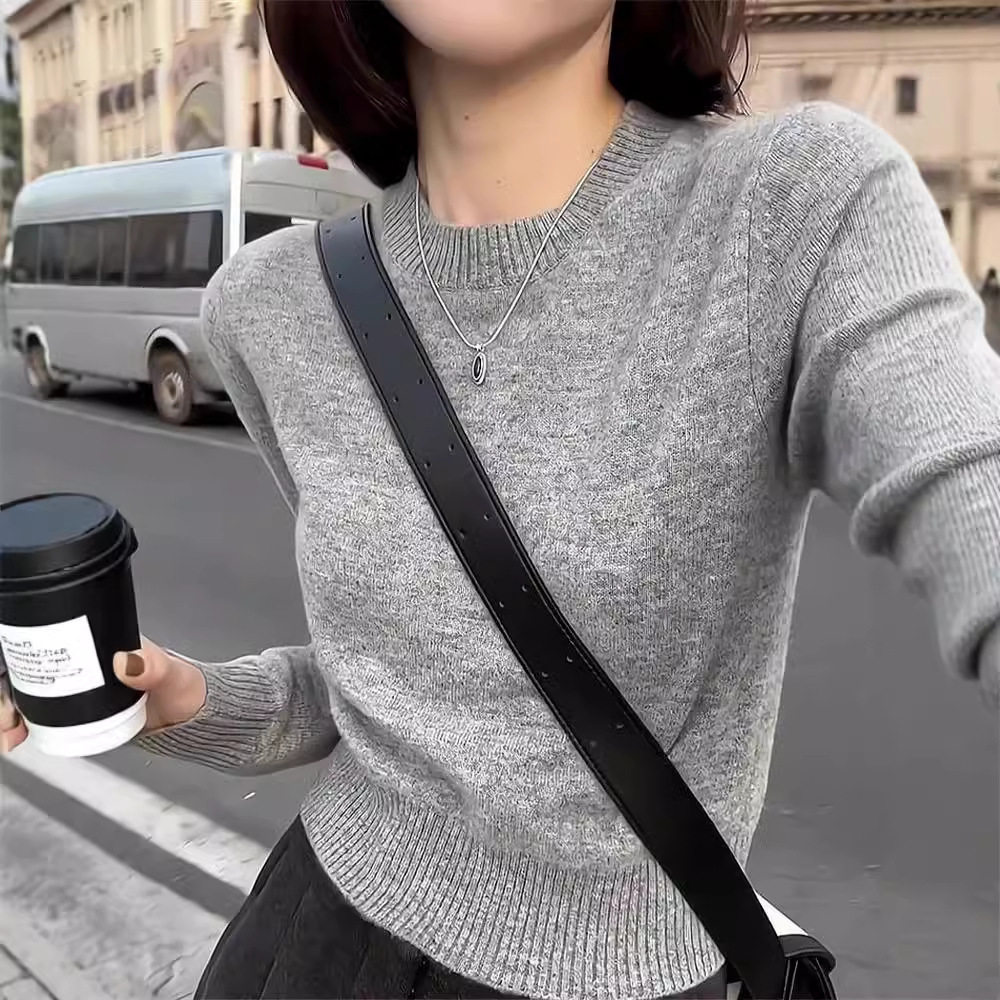 日系CherryKoko早秋新款圆领100羊毛衫女短款软糯高腰上衣薄款