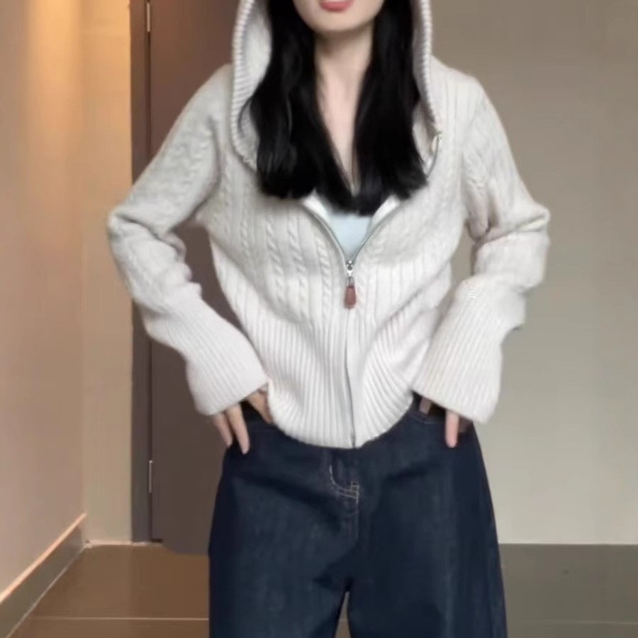 日系CherryKoko韩系新款秋冬重磅麻花连帽羊绒开衫女百搭显瘦针织
