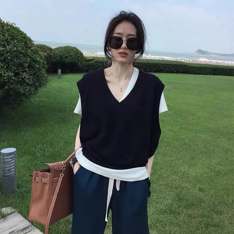 日系cherrykoko年秋冬新款无袖羊毛坎肩毛衣宽松v领针织背心马甲
