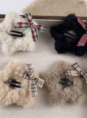 蝴蝶结毛绒五角星星发夹女前额侧边刘海夹后脑勺碎发bb头饰冬季女