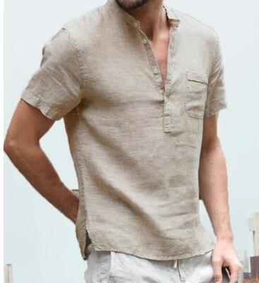 立领系扣男士短袖衬衫