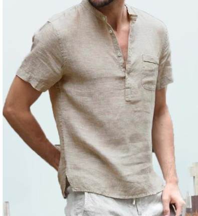 Standing collar button up short sleeved shirt立领系扣短袖男