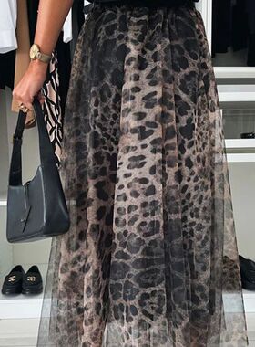 Leopard print large swing skirt 豹纹印花松紧腰大摆雪纺半身裙