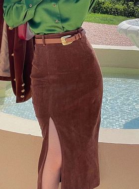 Corduroy wrap buttocks split skirt灯芯绒包臀开叉修身半身裙女