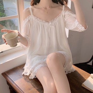 宫廷风甜美简约感大码 纯欲蕾丝一字肩网纱吊带睡衣睡裙法式 家居服