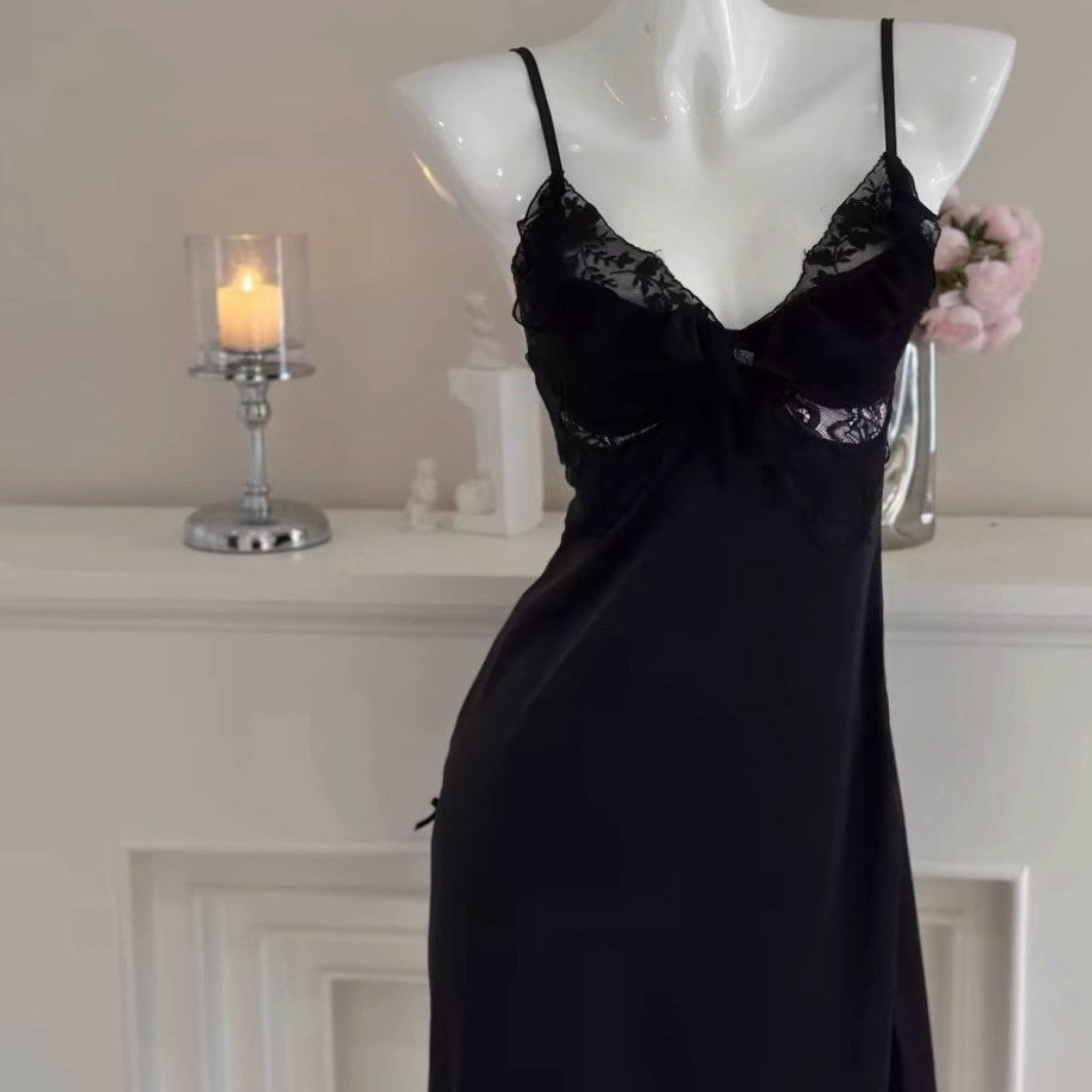 纯欲蕾丝高开叉冰丝吊带睡裙女性感带胸垫甜美小胸友好家居服睡衣