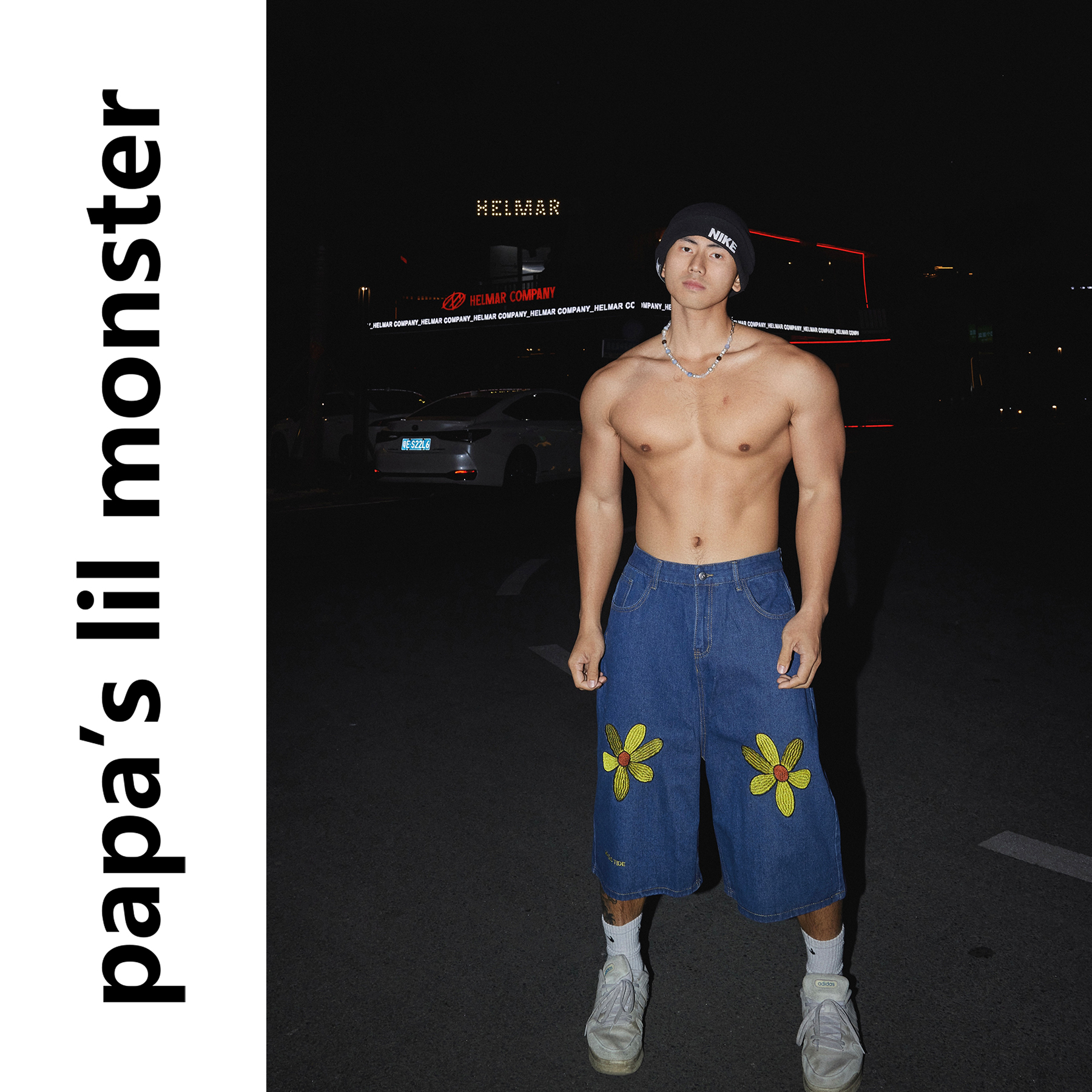 PAPASLILMONSTER美式复古花朵牛仔短裤男直筒阔腿休闲七分裤子