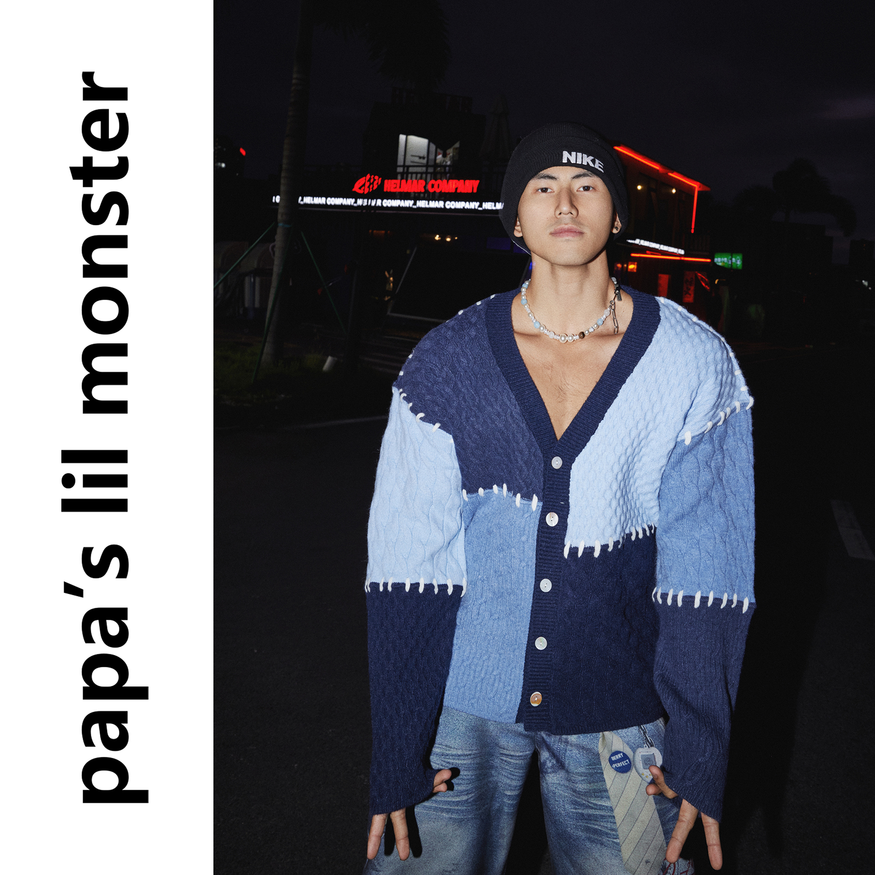 PAPASLILMONSTER【艺术针织】美式休闲撞色拼接针织衫宽松毛衣男