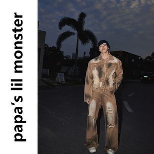 子套装 PAPASLILMONSTER 小众设计破洞牛仔外套做旧裤 美式 原创