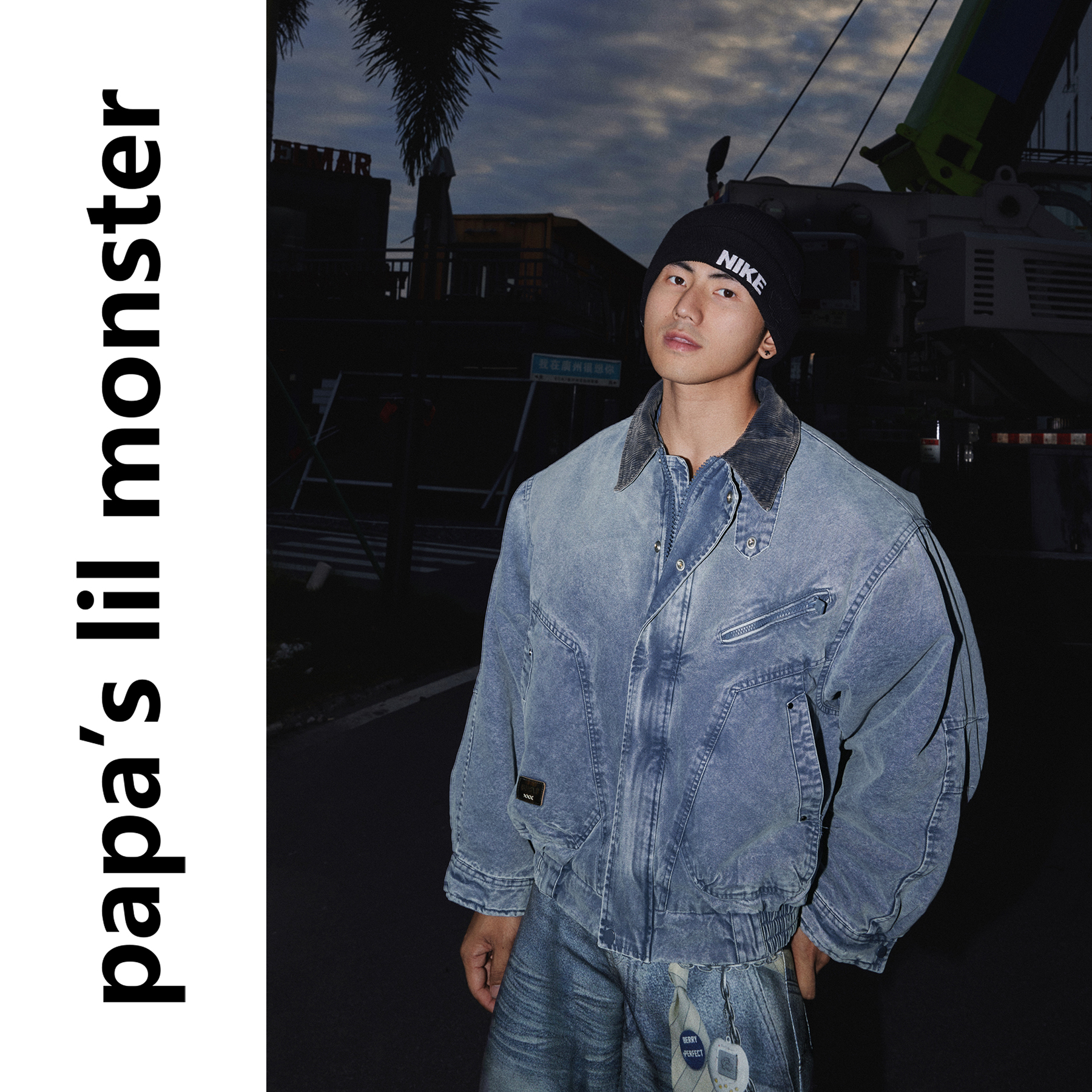 PAPASLILMONSTER【街头牛仔】美式做旧牛仔夹克拼接翻领棉衣外套