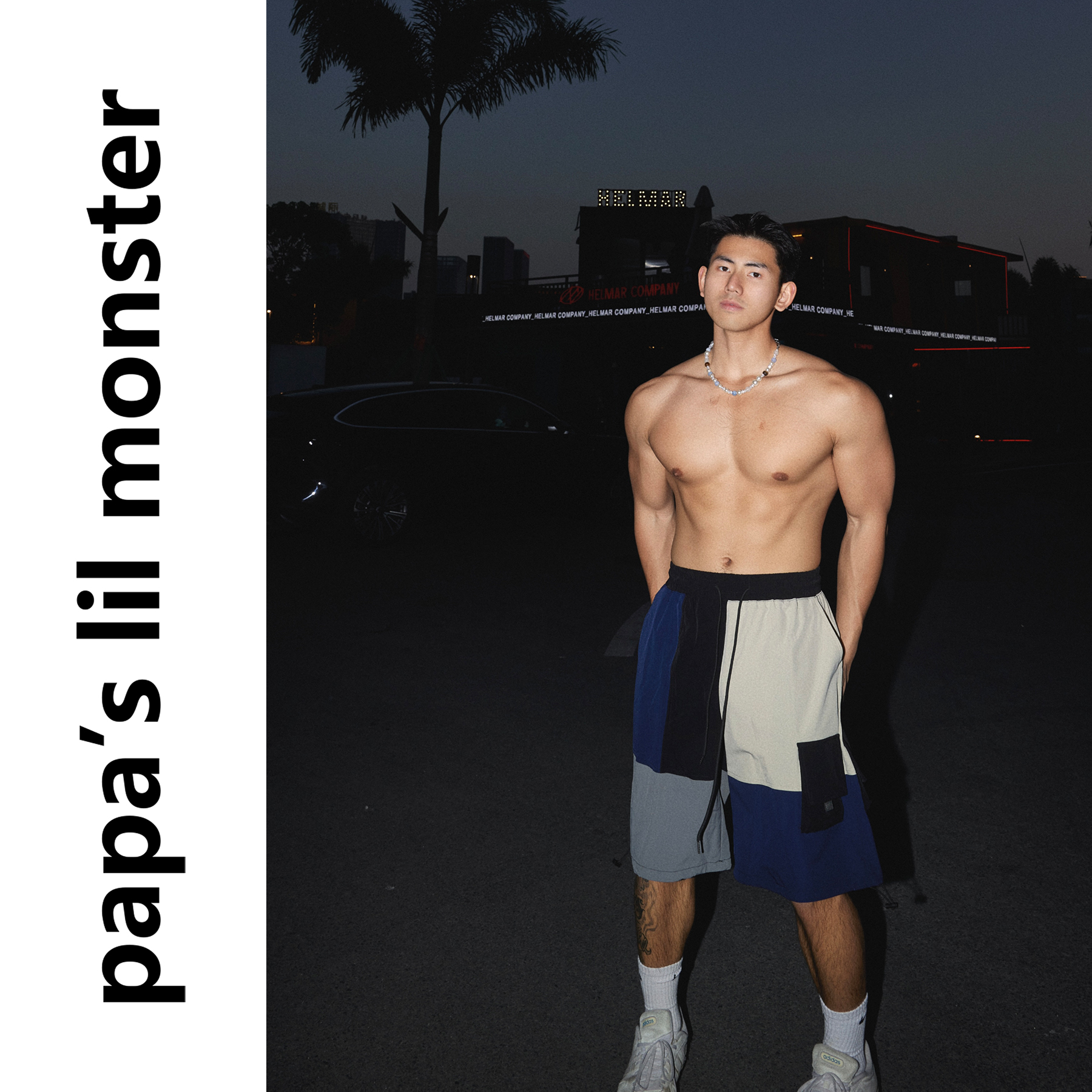 PAPASLILMONSTER美式夏季机能风抽绳撞色拼接格子休闲短裤男