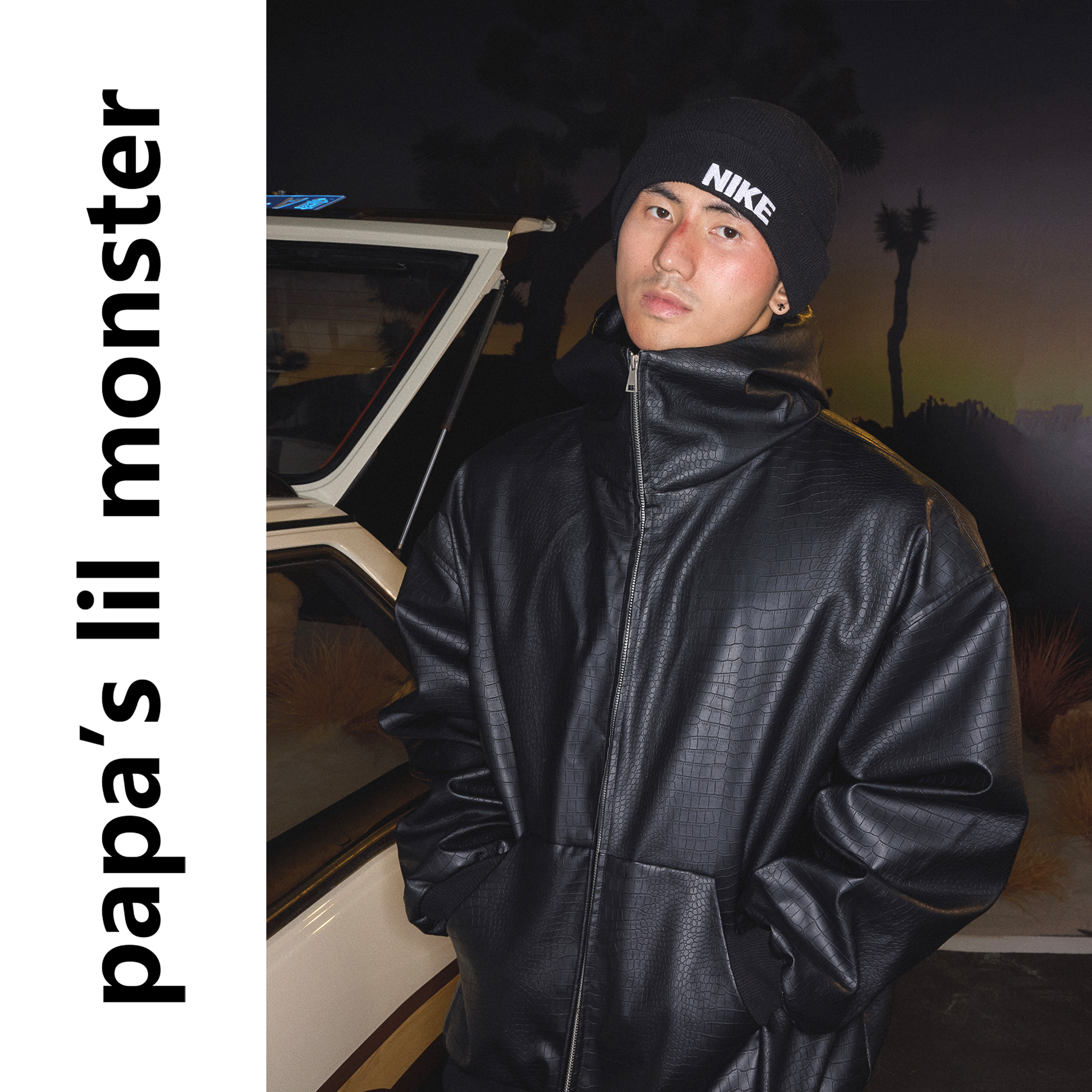 PAPASLILMONSTER【原创】美式复古高街鳄鱼纹皮面连帽外套夹克男