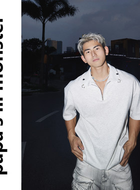 拉链金属扣 复古宽松情侣休闲T恤 美式高街短袖polo衫宽松上衣