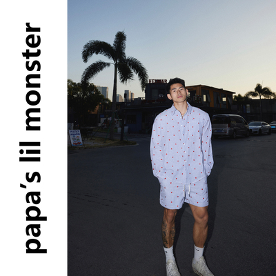 PAPASLILMONSTER 美式海岛度假风爱心刺绣条纹长袖衬衫短裤套装男