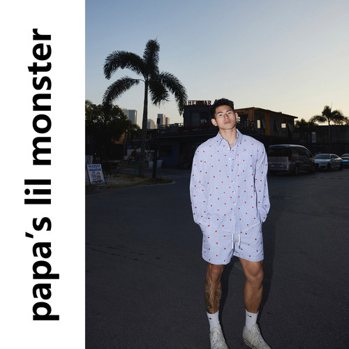 PAPASLILMONSTER 美式海岛度假风爱心刺绣条纹长袖衬衫短裤套装男