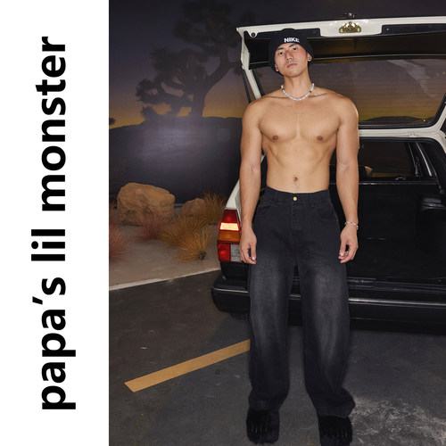 PAPASLILMONSTER【旧报纸】美式做旧设计微弯刀阔腿牛仔长裤男