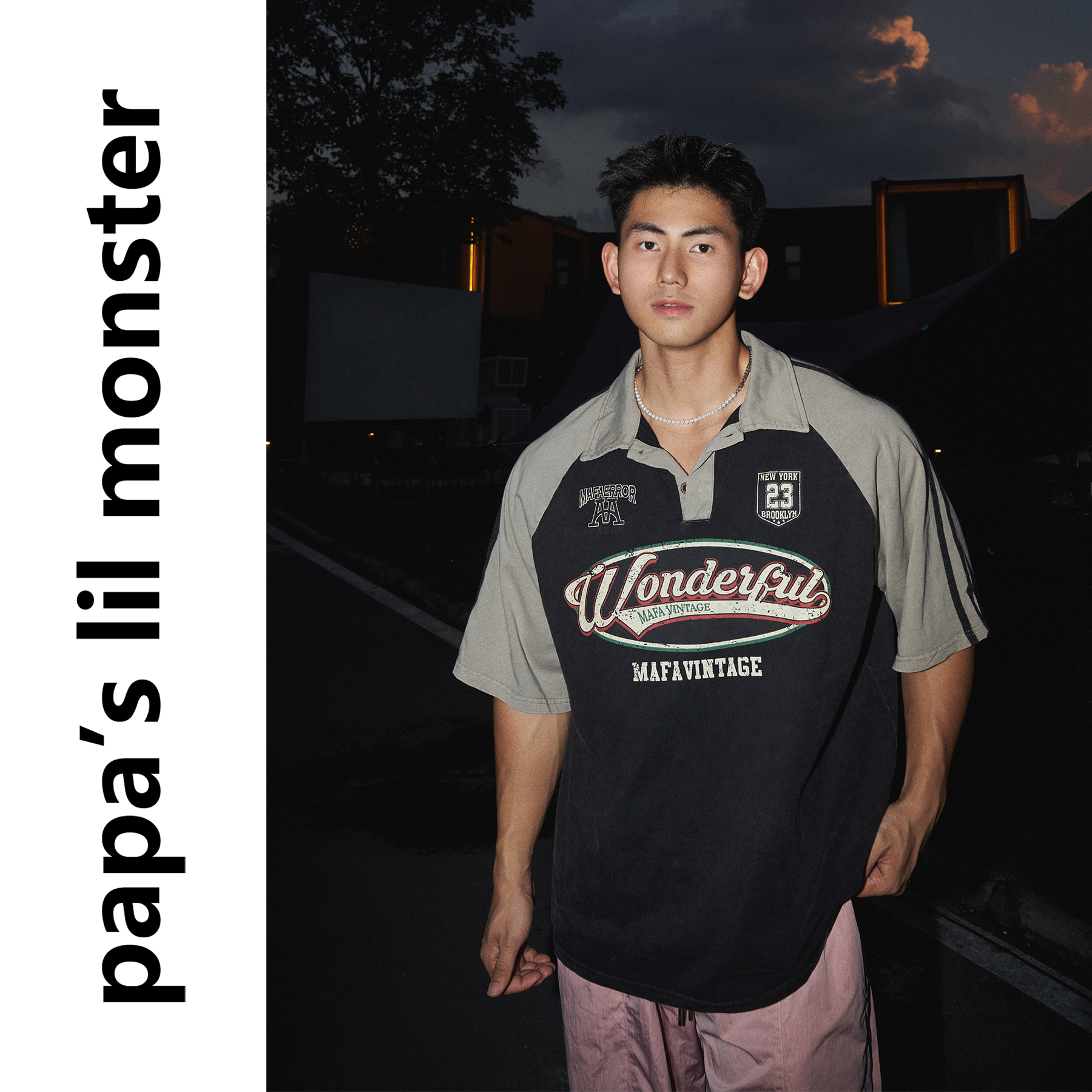 PAPASLILMONSTER夏季美式街头风POLO衫 休闲复古设计短袖男